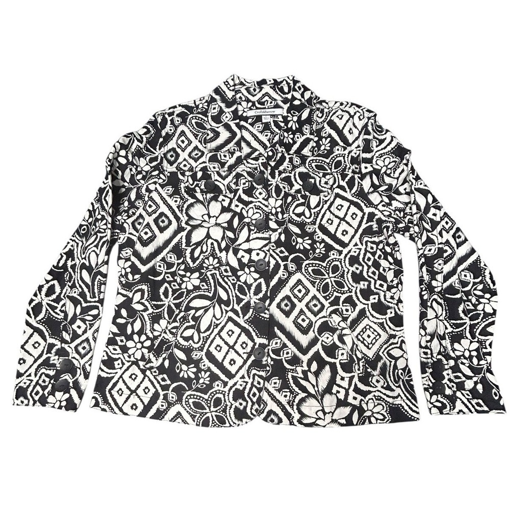 Croft & Barrow Women's Linen Blend Jacket Black White Floral Button Down Size L